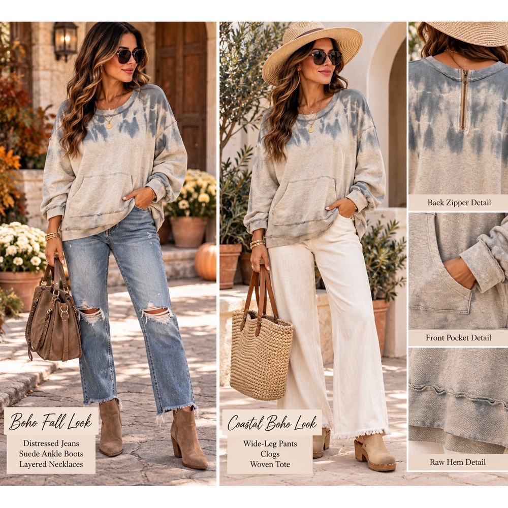 POL Waffle Knit Tie Dye Pullover Sweatshirt Blue Beige SMT1429 Pocket Back Zip